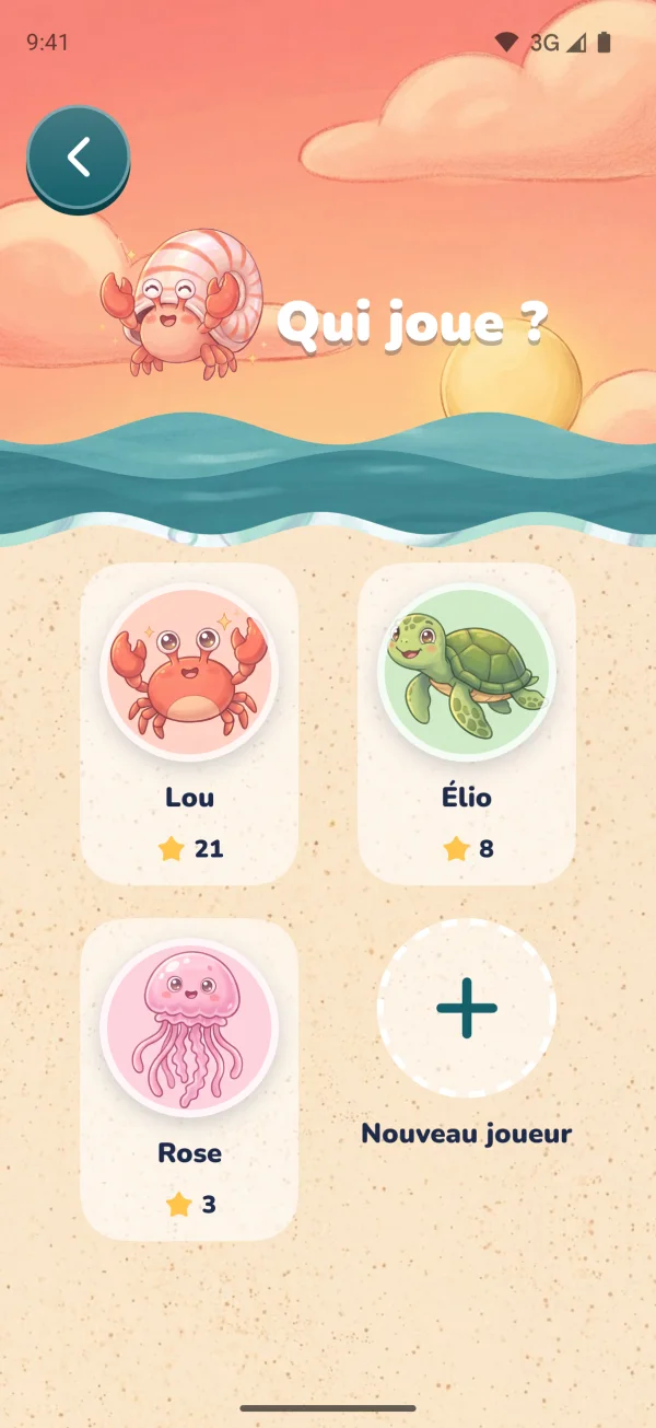 Choix du joueur : Lou, Élio et Rose, chacun avec son avatar et ses étoiles