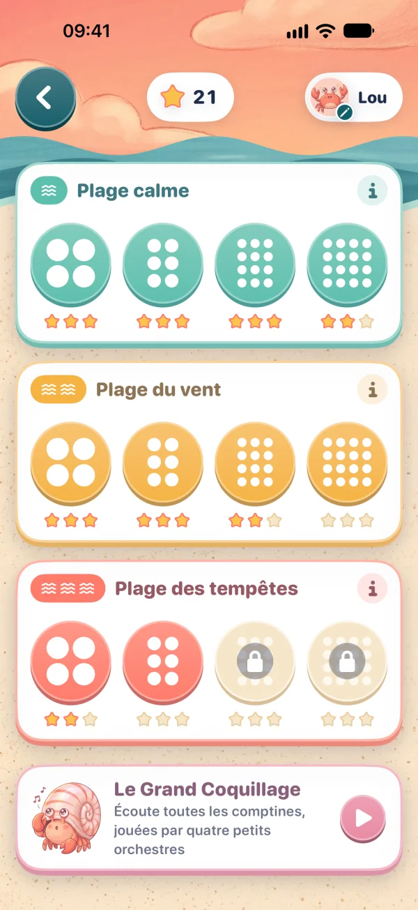 Carte des niveaux sur trois plages : plage calme, plage du vent, plage des tempêtes
