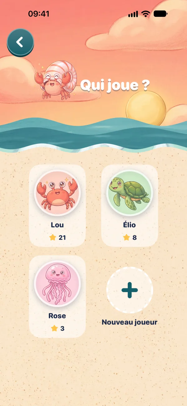 Choix du joueur : Lou, Élio et Rose, chacun avec son avatar et ses étoiles